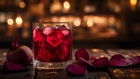 Red cocktail with ice cubes in crystal glass surrounded by rose petals on wooden surface with warm bokeh lights creating romantic atmosphere.