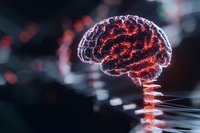 Glowing red digital brain hologram with neural connections and DNA spiral structure on dark background, representing artificial intelligence and biotechnology.