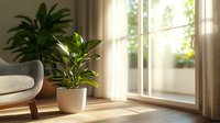 Sunlit modern living room corner with potted green plant near window, minimalist armchair and soft curtains casting natural shadows on wooden floor.