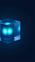 Glowing cyan orbs inside transparent cube with luminous light effects against dark blue background for tech and innovation designs.