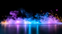 Colorful smoke and light reflections on glossy surface with neon purple and blue hues, glowing particles and bokeh effects against dark background.