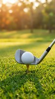 Golf club and ball on green grass with warm sunlight creating bokeh effect for sports and recreation marketing materials.