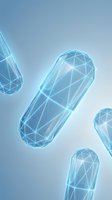 Digital wireframe capsules floating in blue gradient space representing pharmaceutical technology and modern medicine innovation.