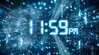 Digital clock display showing 11:59 PM with futuristic blue light effects and glowing particles in cyber space environment for technology concepts.