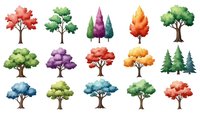 Colorful cartoon trees collection with vibrant foliage in various shapes and seasons isolated on white background for nature design projects.