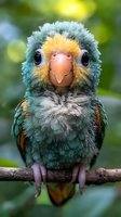 Close-up portrait of fluffy baby parrot with turquoise feathers, yellow crest, and large expressive eyes perched on branch against blurred green background.