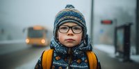 Young child with glasses and winter hat standing at bus stop on foggy morning, wearing backpack and warm clothing for school commute.