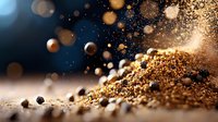Ground coffee beans and powder exploding with dynamic motion against dark background, creating artistic bokeh effect with golden morning light and floating particles.