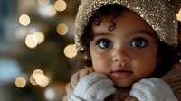 Young mixed race girl with bright blue eyes and curly hair wearing winter hat and mittens against blurred holiday lights background, soft dreamy portrait with bokeh effect.