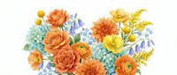 Vibrant spring flower arrangement with roses, dahlias, ranunculus and hydrangeas in orange, yellow and blue colors isolated on white background for design.