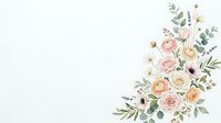 Elegant floral corner arrangement with soft pink roses, ranunculus and eucalyptus leaves on white background for wedding invitations and romantic designs.