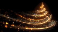 Golden light trails form elegant Christmas tree shape with sparkling particles and warm bokeh effects on black background for holiday designs.
