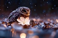 Spotted owl perched near delicate pink flower in magical night setting with bokeh lights and falling snow creating dreamy woodland atmosphere.
