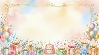 Pastel watercolor celebration border with wrapped gifts, balloons, cake, and ornate gold frame on isolated white background for greeting cards and invitations.