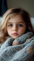 Close-up portrait of young girl with bright blue eyes and light brown hair wrapped in cozy gray winter blanket, soft natural lighting creates gentle mood.