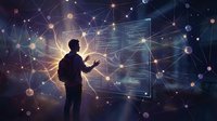 Business professional analyzing digital network data visualization with glowing connections and futuristic interface for technology presentations.