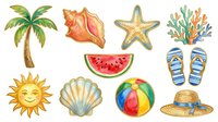 Tropical summer collection with palm tree, seashell, starfish, beach ball, watermelon slice, sun face, sandals, straw hat and coral isolated on white background for design projects.