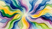 Abstract watercolor waves radiating from center in rainbow spectrum with organic flowing patterns and dotted textures for creative design projects.