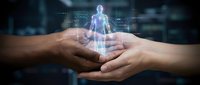 Hands holding glowing digital human figure with data network interface, representing virtual assistant, AI technology, and digital transformation for business solutions.