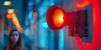 Red traffic light glowing against blurred blue urban background with bokeh lights and silhouette figure, dramatic evening city atmosphere.
