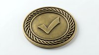Bronze medal with checkmark symbol and decorative rope border design isolated on white background for awards and achievement recognition.