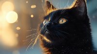 Black cat with golden eyes looking up in warm bokeh light creating magical atmosphere for pet photography and animal portraits.