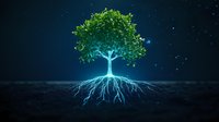 Glowing tree with luminescent roots spreading through dark soil against starry night sky, symbolizing growth, connection and spiritual energy.