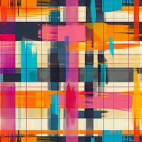 Vibrant geometric abstract pattern with colorful rectangles and brush strokes in pink, orange, turquoise and yellow creates seamless modern background for fabric and wallpaper.
