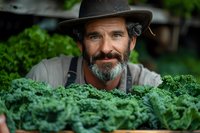 Mature Caucasian farmer with gray beard wearing hat smiles while inspecting fresh organic kale growing in garden, sustainable agriculture and local food production.