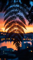 Silhouette of fern leaves against vibrant sunset sky with bokeh city lights reflecting on water surface, creating magical evening atmosphere with orange and blue colors.