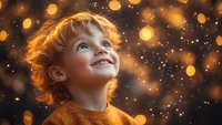 Young child with ginger hair smiling upward against magical bokeh lights background in orange and gold tones, wearing yellow sweater, expressing wonder and joy.