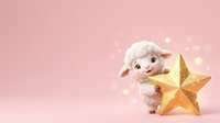 Cute white lamb character holding golden star with bokeh lights on soft pink background for children's illustrations and festive designs.