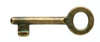 Vintage brass skeleton key with patina and weathered texture isolated on white background for antique design projects and security concepts.