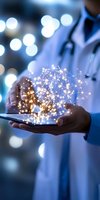 Medical professional holding smartphone with glowing network visualization emerging from screen, representing digital healthcare and telemedicine innovation.
