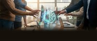 Business team collaborating around holographic brain projection on conference table in modern office setting with natural lighting.