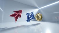 Metallic arrow, molecular structure, and gear symbols on white surface representing growth, innovation, and business development strategy.