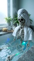 Skeleton figure wrapped in towel relaxing in bathtub with glowing water, spa wellness concept for bathroom decor and surreal lifestyle themes.