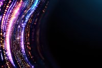 Glowing digital particles form curved light trails in purple and blue neon colors against dark background, creating futuristic technology visualization effect.