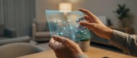Hands holding transparent digital tablet displaying holographic data visualization and network connections in modern home office environment.