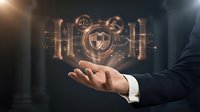 Businessman hand presenting glowing cybersecurity shield with digital lock icons and futuristic interface elements for data protection concepts.