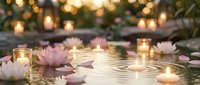 Serene spa setting with floating lotus flowers and glowing candles creating peaceful ripples on water surface for wellness and meditation concepts.