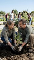 Middle-aged Caucasian man and woman planting seedling together in community garden with diverse group of volunteers working in background among raised beds and vegetable plants.