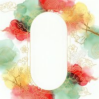 Watercolor frame with traditional Asian cloud motifs in red, green and gold tones. Oval white space for text or design elements on decorative background.