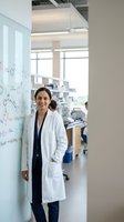 Female scientist in white lab coat standing by whiteboard with chemical formulas in modern research laboratory for pharmaceutical development and education.