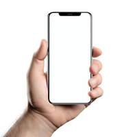 Male hand holding modern smartphone with blank white screen isolated on white background for app presentation and mobile technology mockup.
