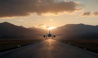 Airplane taking off at sunset on runway with dramatic mountain silhouettes and golden sky, creating atmospheric travel scene.