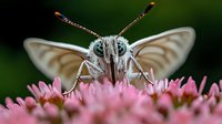 Extreme close up macro photography of white butterfly face with antennae on pink flower. Detailed view shows compound eyes and proboscis while feeding on nectar.