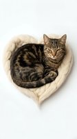 Adorable tabby cat curled up in heart-shaped wicker basket on white background, cozy pet comfort concept for home decor and animal lover designs.