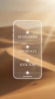 Smartphone mockup displaying travel booking app interface with destinations, experiences, and call-to-action button against blurred desert landscape background for tourism marketing.
