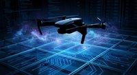 Modern black drone flying over futuristic digital grid with glowing blue circuit patterns and holographic data displays for technology presentations.